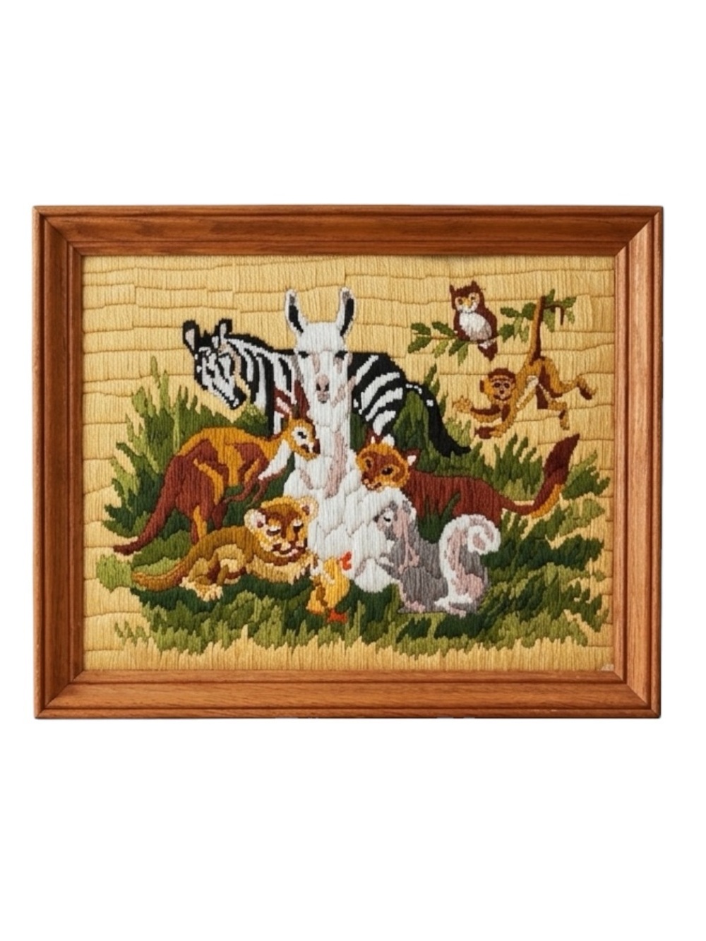 Vintage 1970s/80s Crewel Yarn Embroidery Framed Artwork|Retro Nursery|Needlework